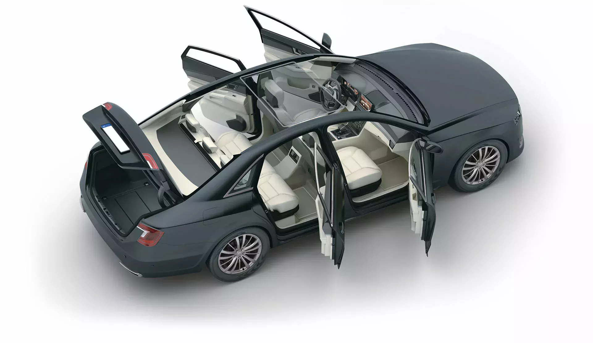 Schwarzes Auto mit offenen Türen und offenen Kofferraum