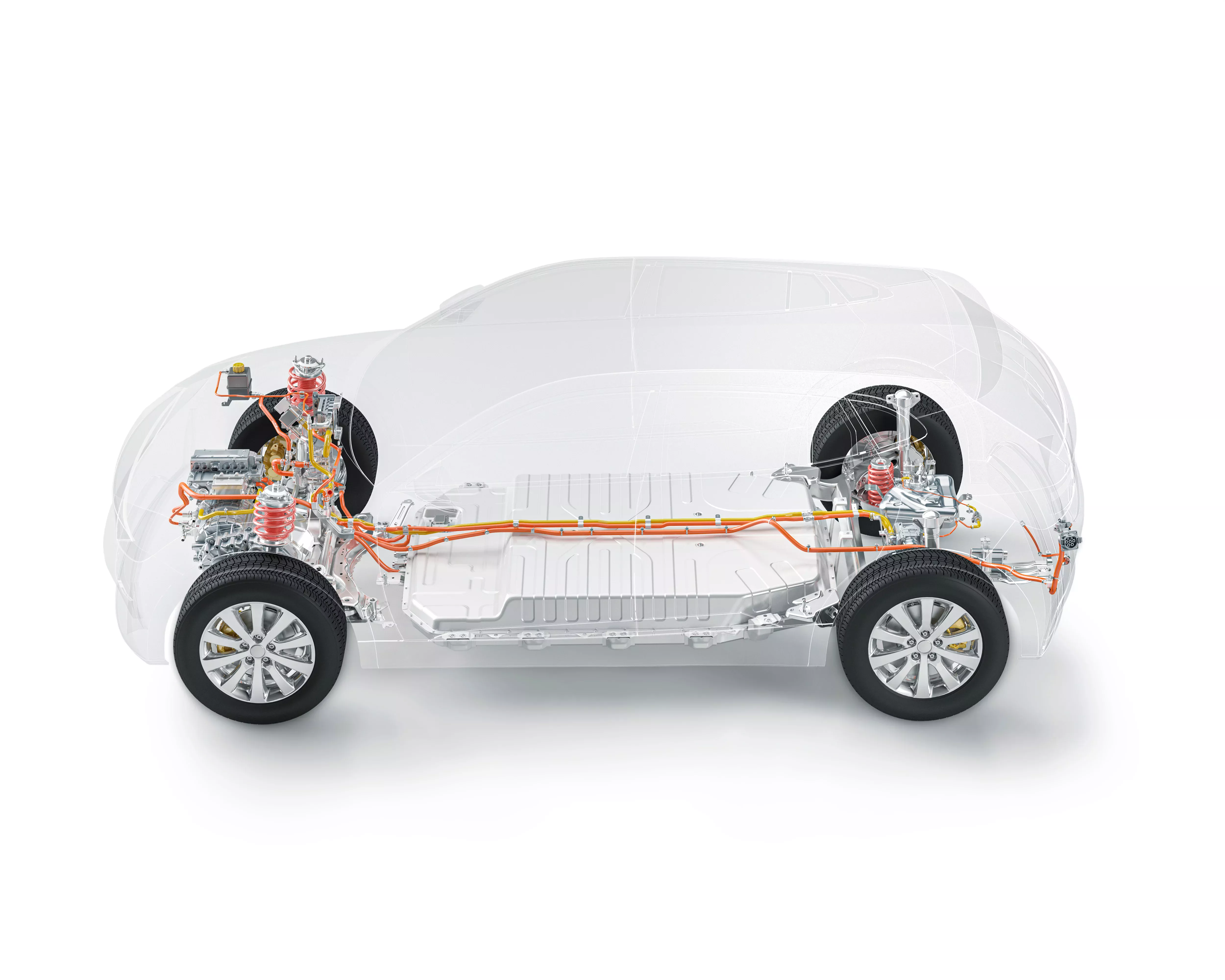 Coche con vista de los componentes interiores y los neumáticos