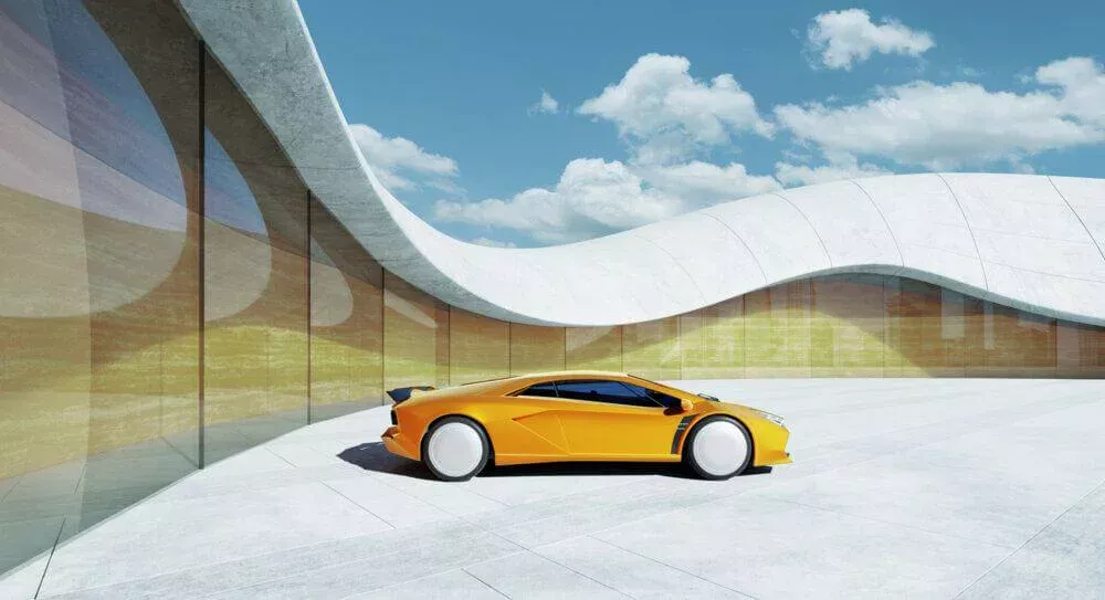 Coche amarillo animado delante de un edificio de cristal