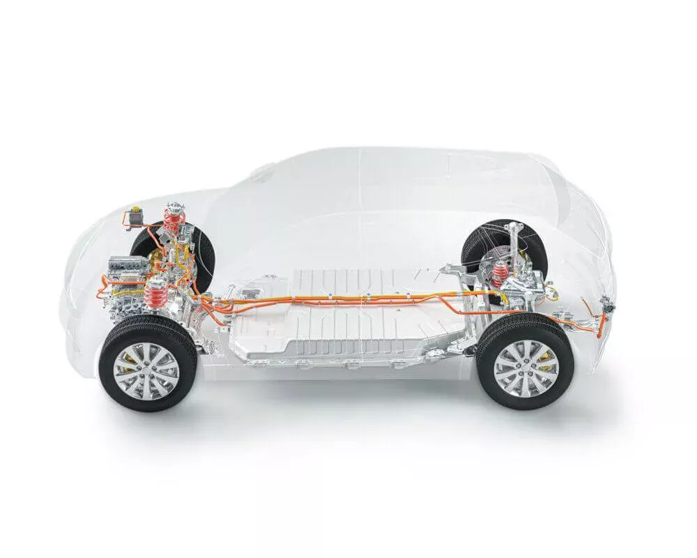 Coche con vista de los componentes interiores y los neumáticos